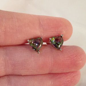 White Gold Plated Heart Mystic Rainbow Diamond Zircon Stud Earrings 1.71ctw